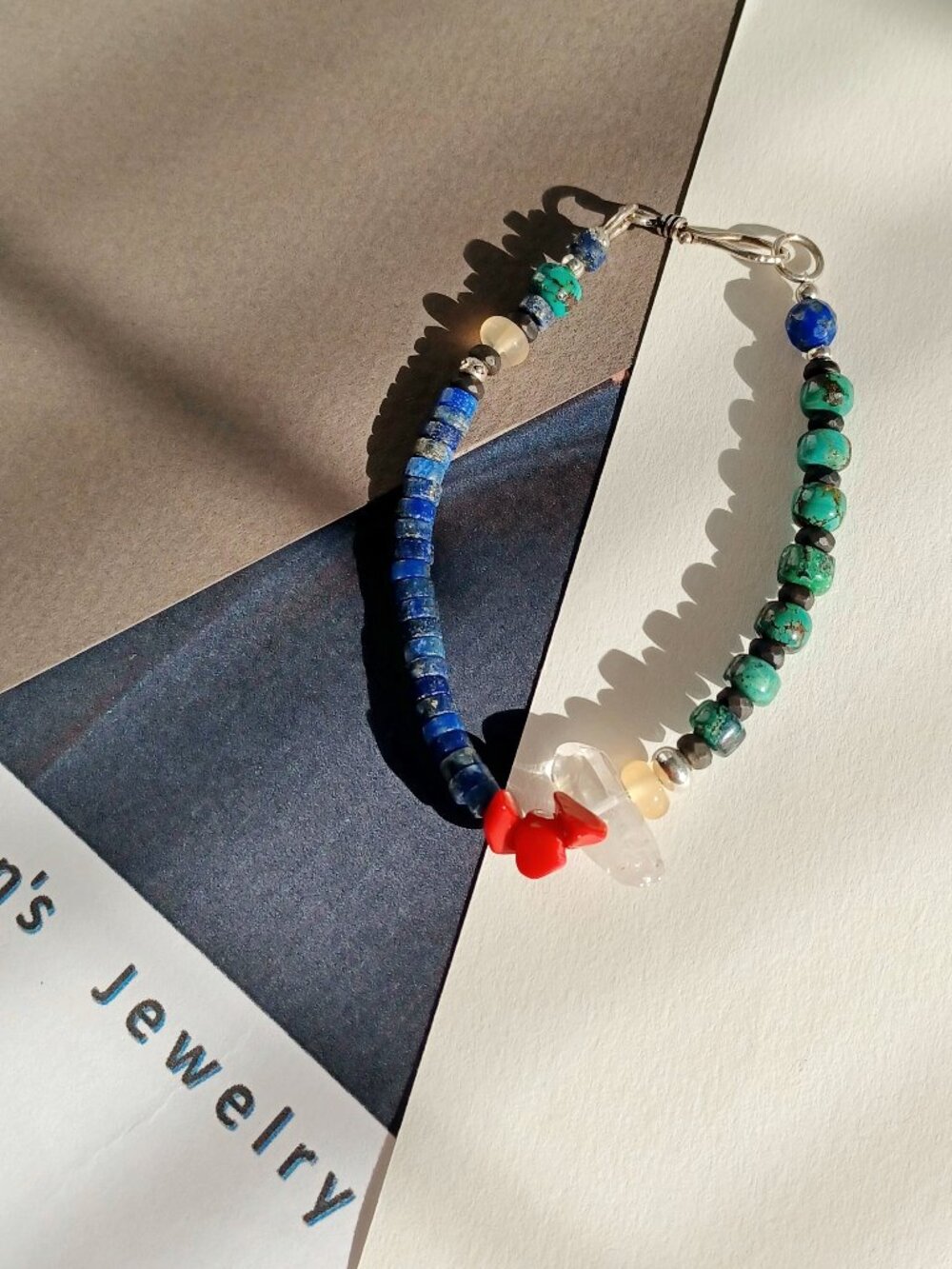 New unisex 925 sterling silver with white quartz and mixed gemstones bracelet